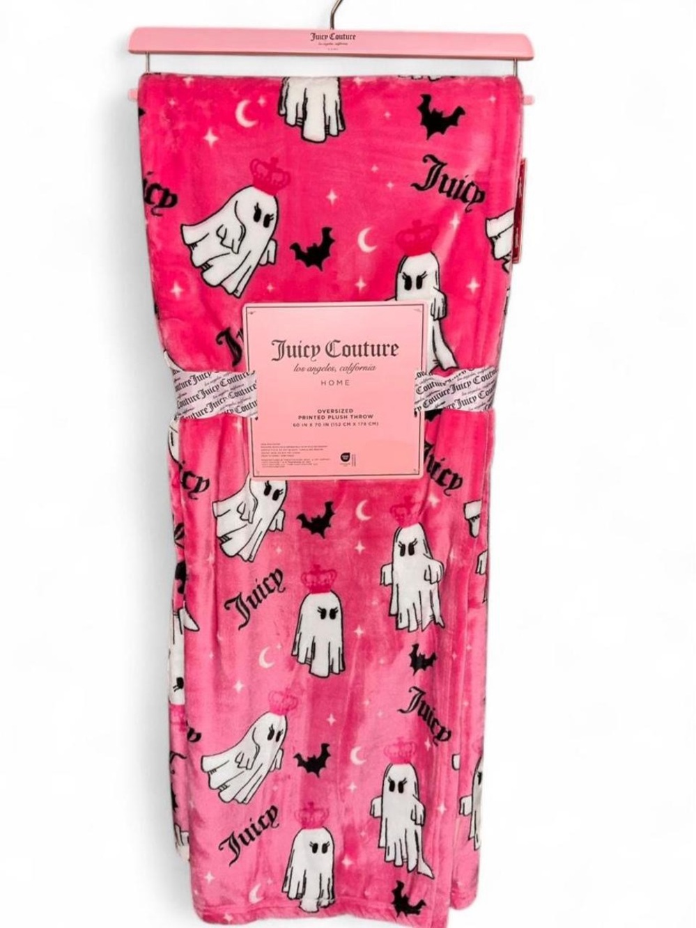 Juicy Couture Halloween Plush Throw Blanket, hot pink/ghosts with crowns/bats